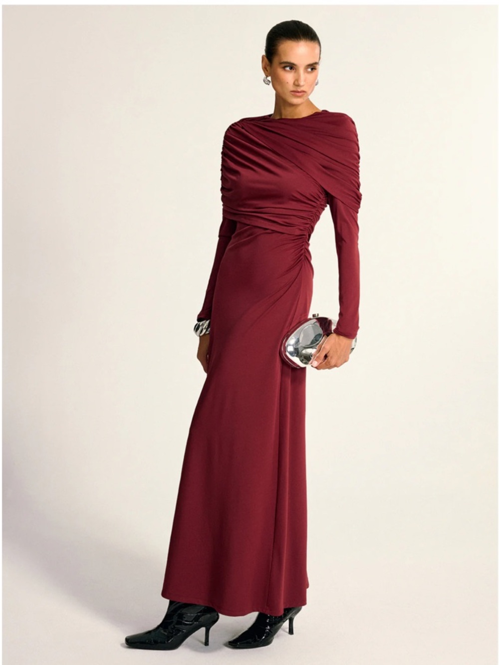 Commense Long-Sleeve Ruched Wine Red Evening Gown